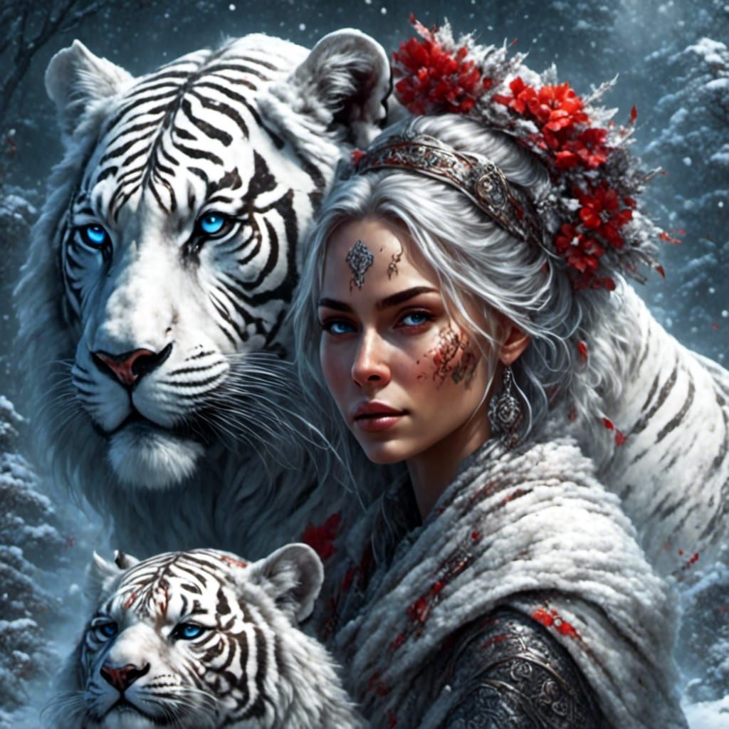 Woman Cuddling White Tiger in Snowy Landscape