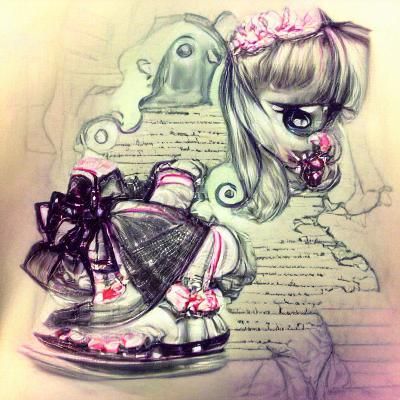 Elegant Gothic Lolita Black and White Sketch