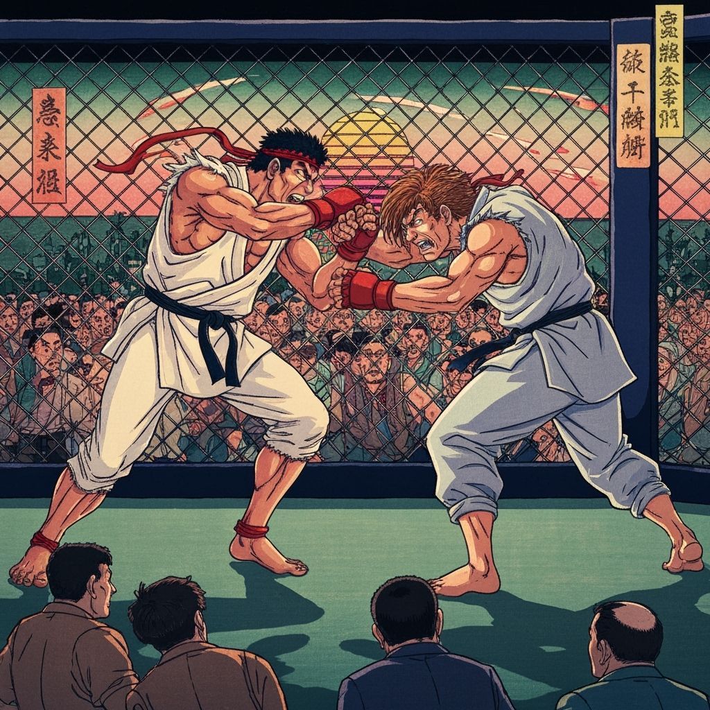 Ryu and Ken Fight in Cage, Ukiyo-e 80s Style