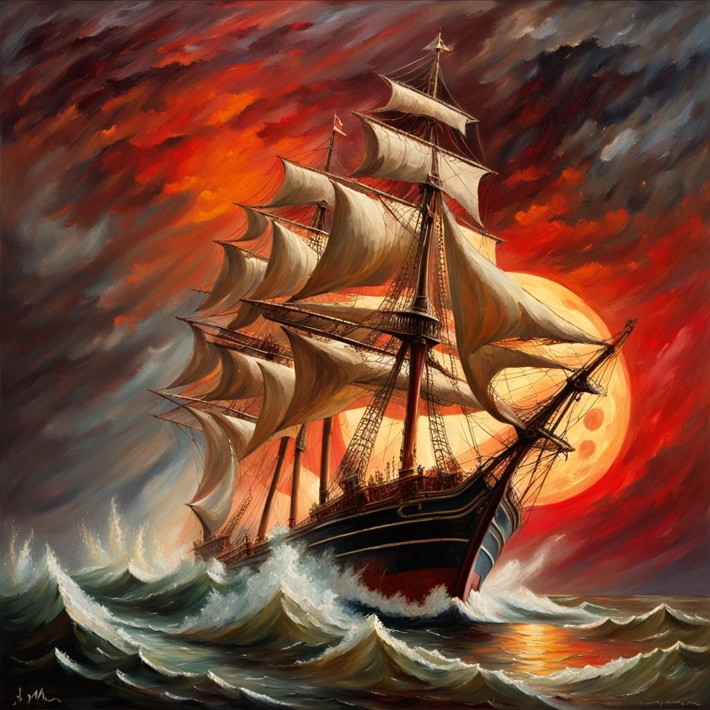 Majestic Sailing Ship Under a Blood-Red Moon
