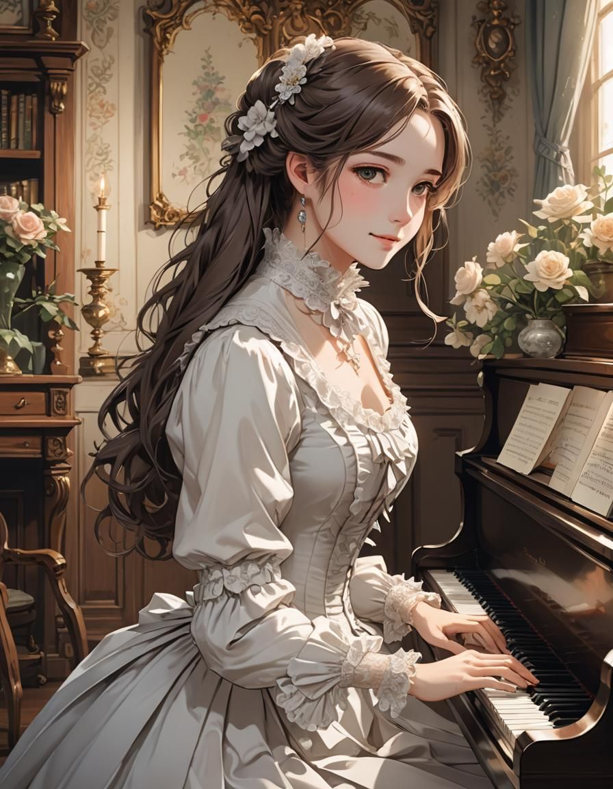 A beautiful young Victorian woman playing the piano in her h...
