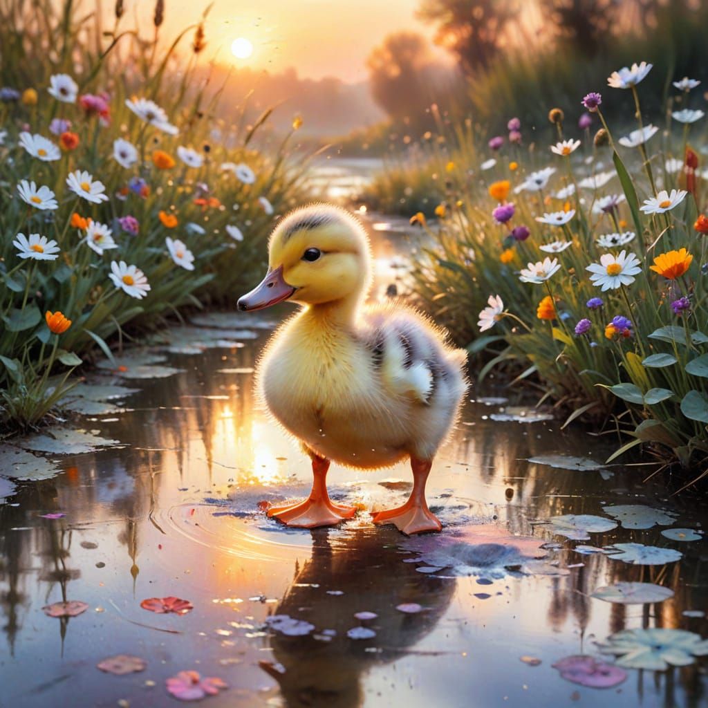 Duckling by Wildflowers: Watercolour Sunset Scene