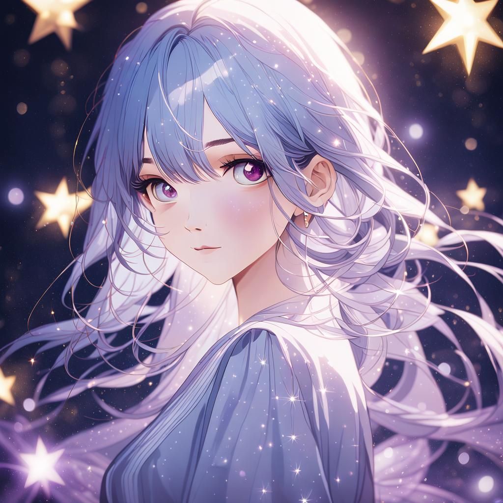 Anime Girl Portrait with Starry Hair, Manga Style