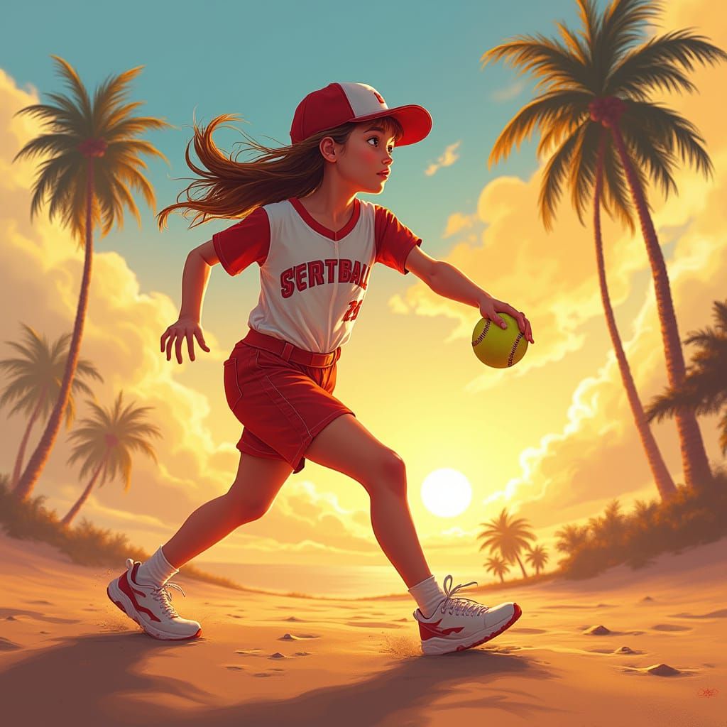 Girl Plays Softball at Sunset: Digital Impressionism