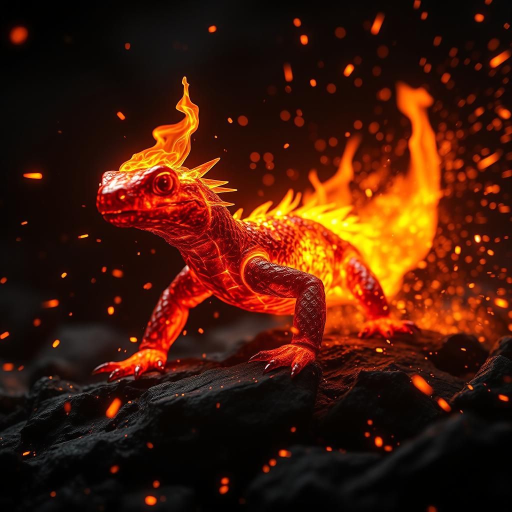 Mysterious Fire Salamander in Blazing Inferno of Molten Meta...