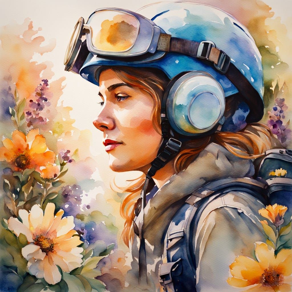 Ethereal Woman in Goggles and Helmet, Watercolor Painting