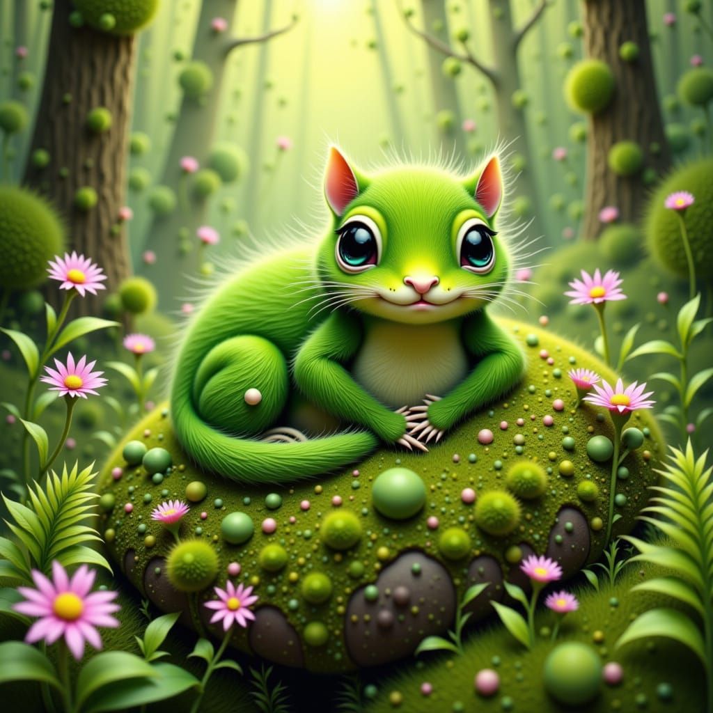 Whimsical Moss Critter in Lush Forest