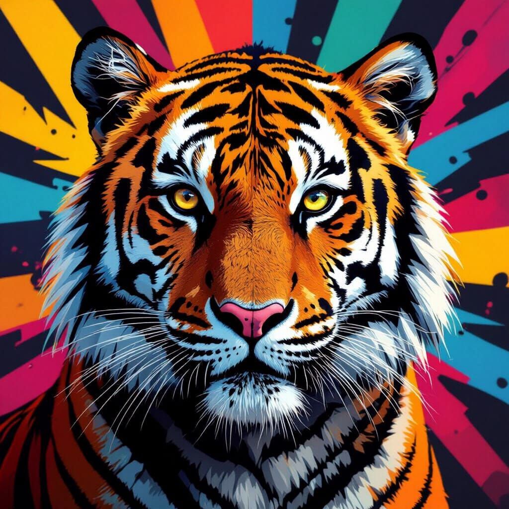 Tiger Portrait in Pop Art Style, Bold Colors