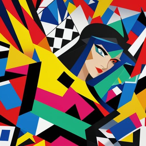 Cubist Woman Dancing in Vibrant Studio, Art Deco Style