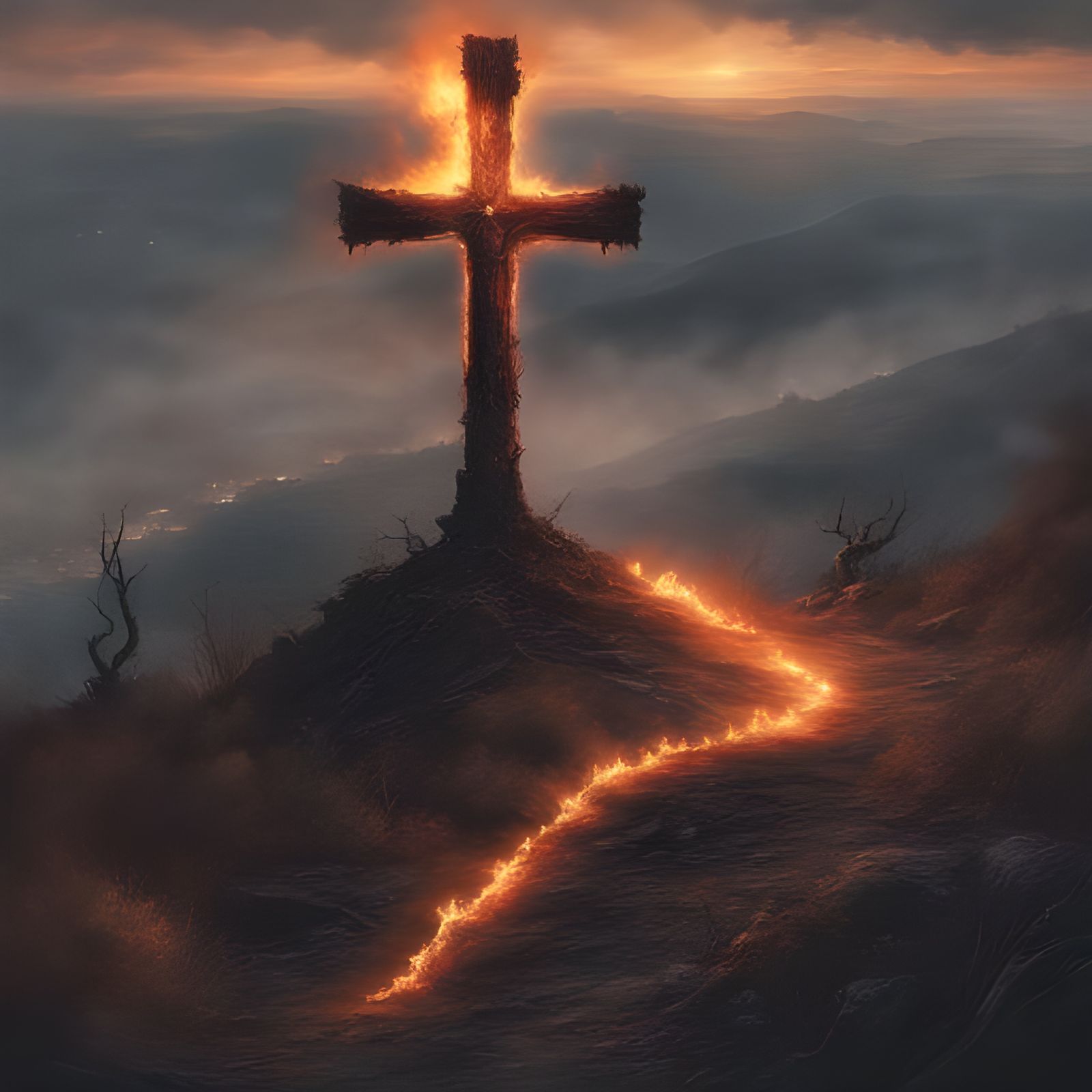 Burning Cross on Hill: Dark and Realistic