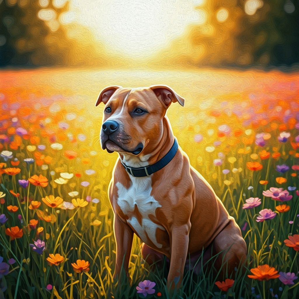 Pitbull in Wildflower Field, Painterly Style