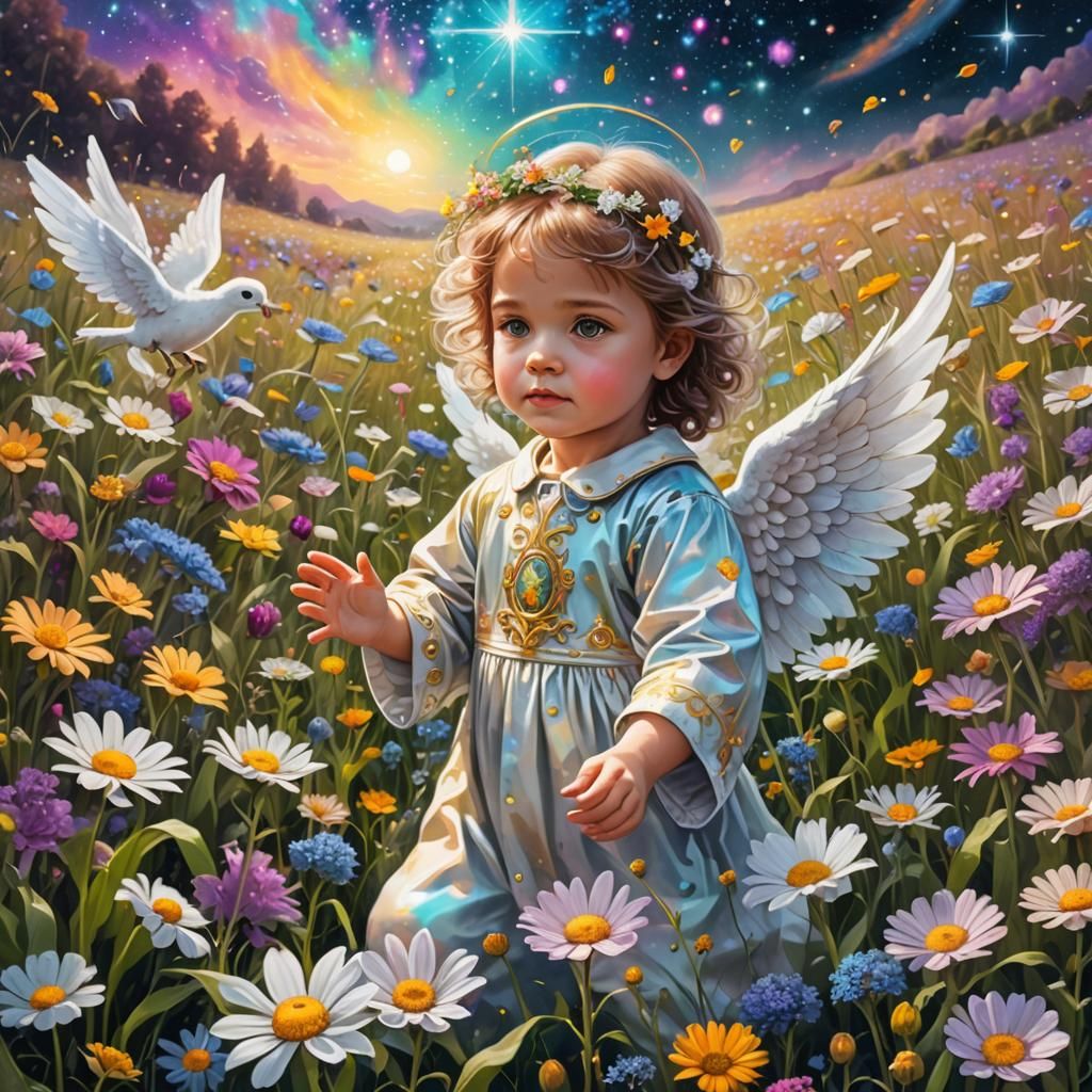 Angelic Child in Flower Field: Cosmic Illustration
