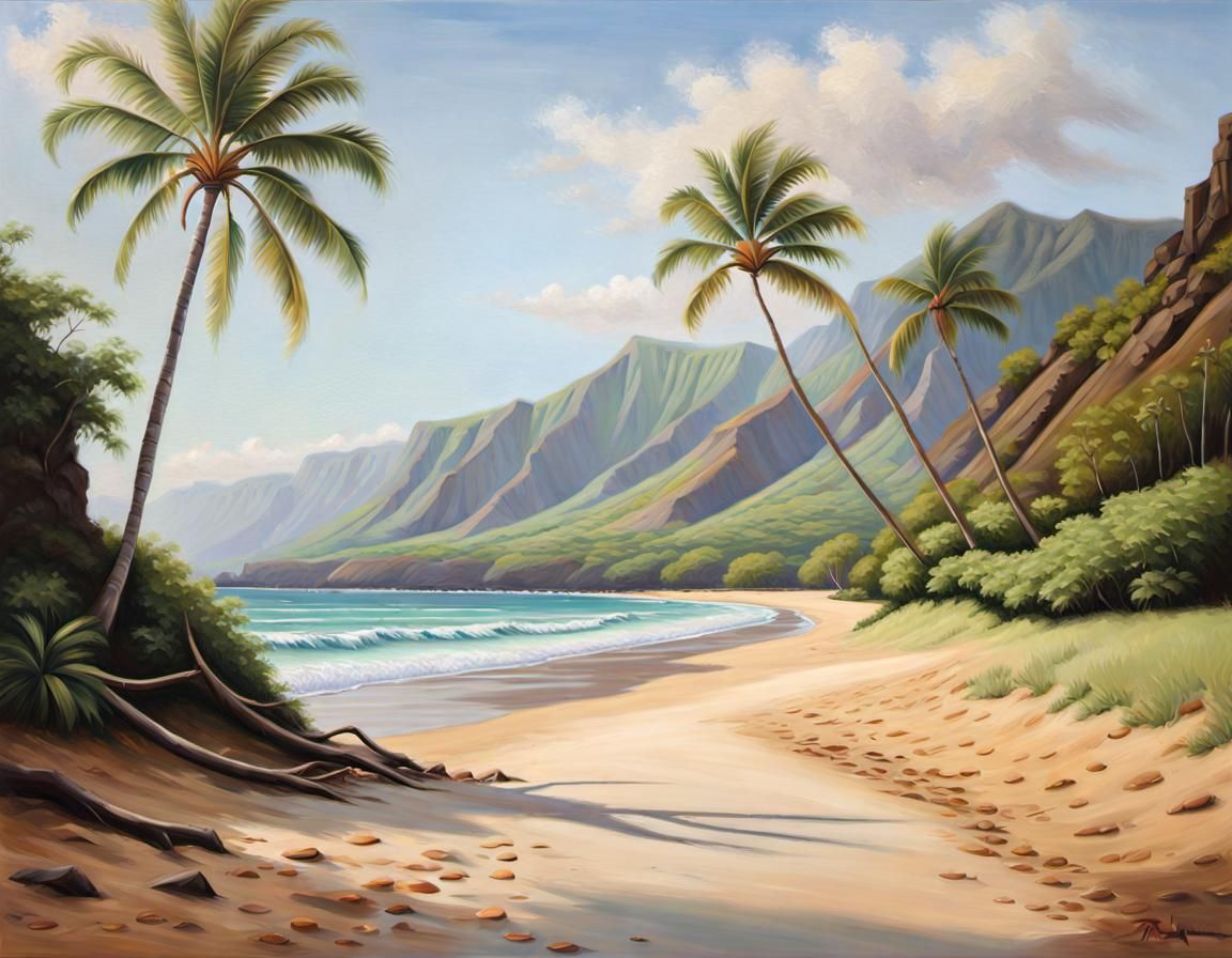 Hyperrealistic Oil Painting of Empty Hawaiian Beach