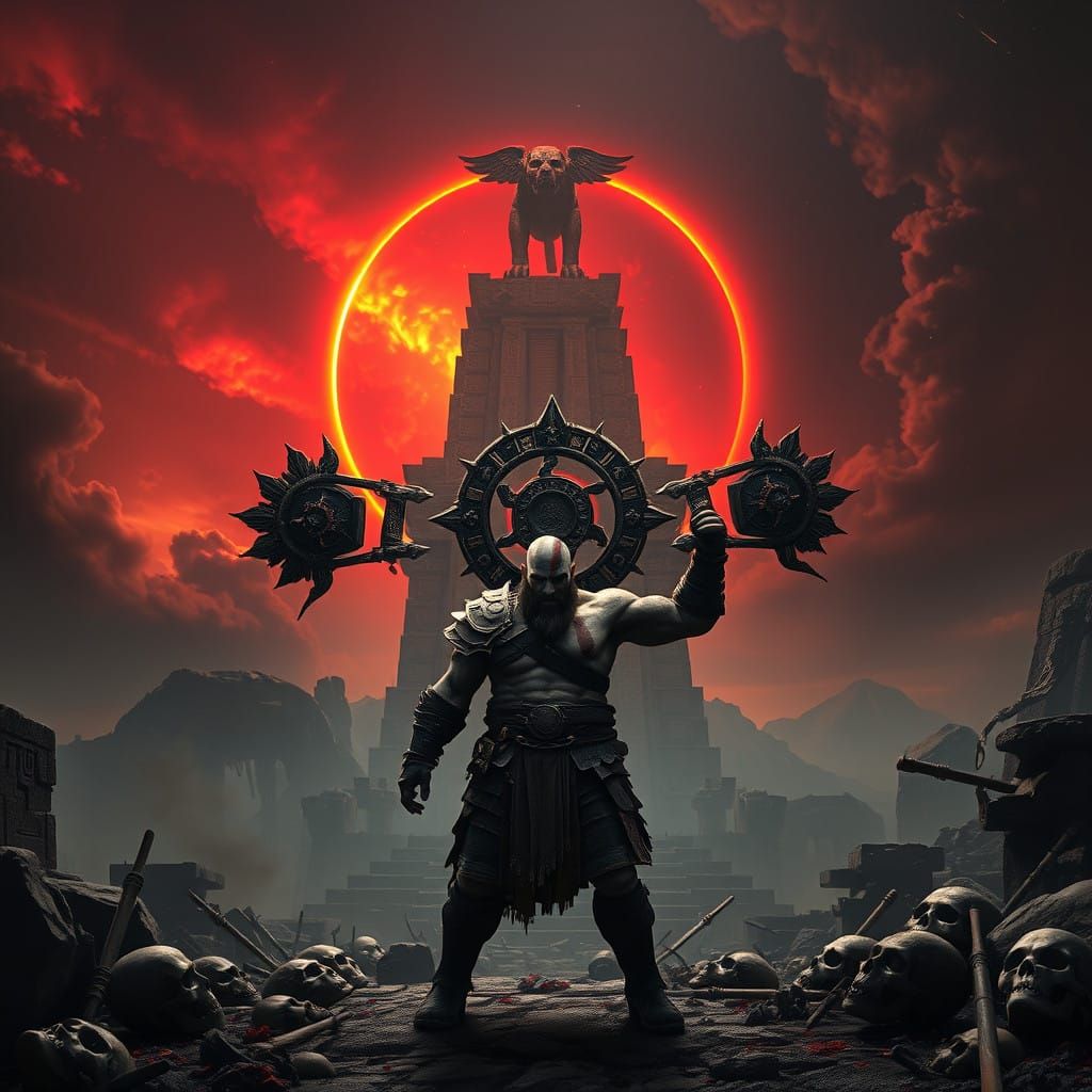 Epic Aztec God of War Poster in Dark, Futuristic Art Style