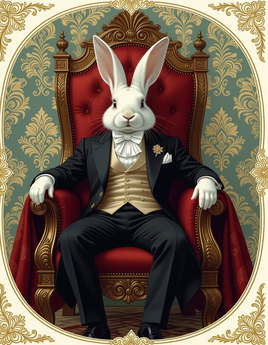 Victorian Bunny King on Throne, Fantasy Art Style