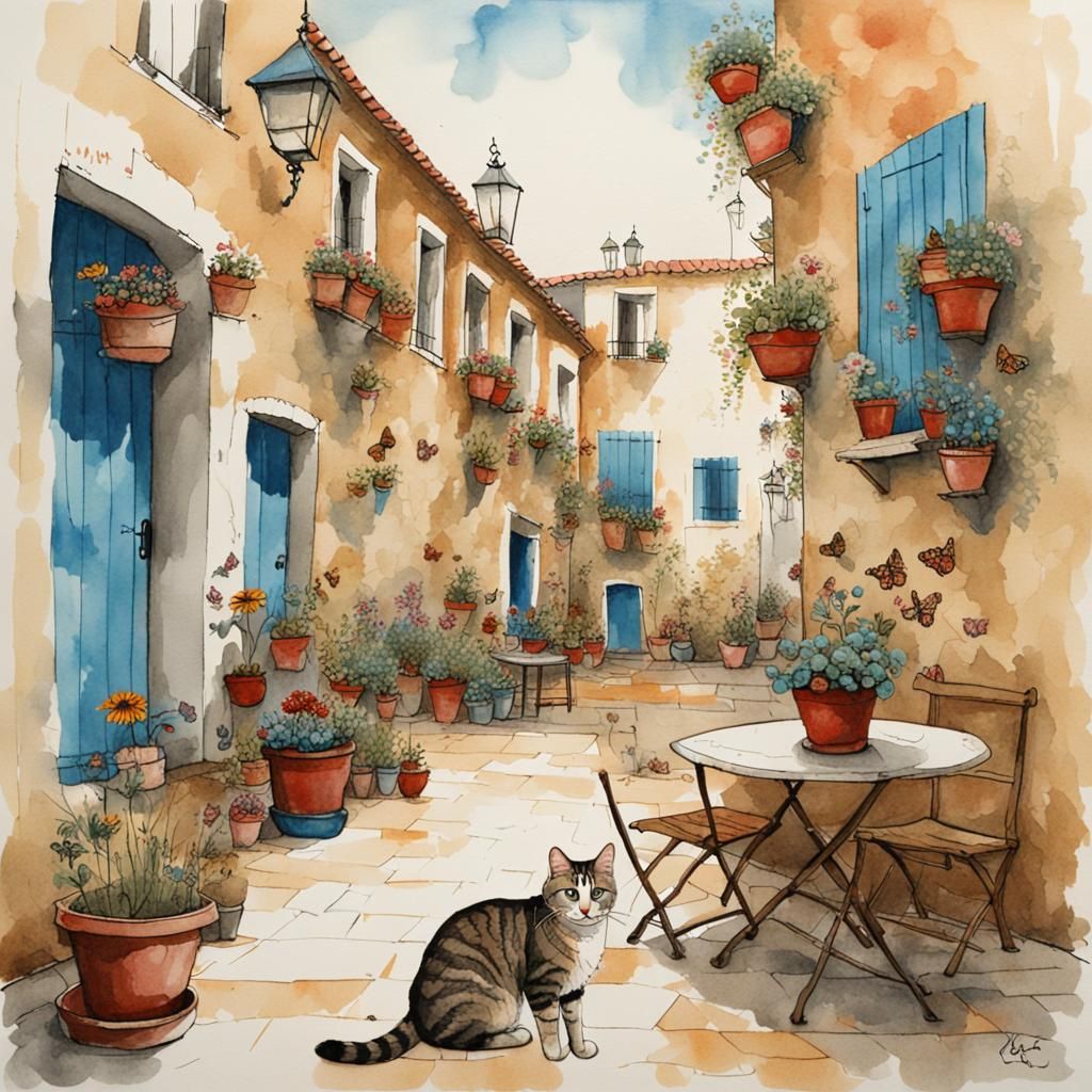 Charming Spanish Courtyard with Cat and Butterflies
