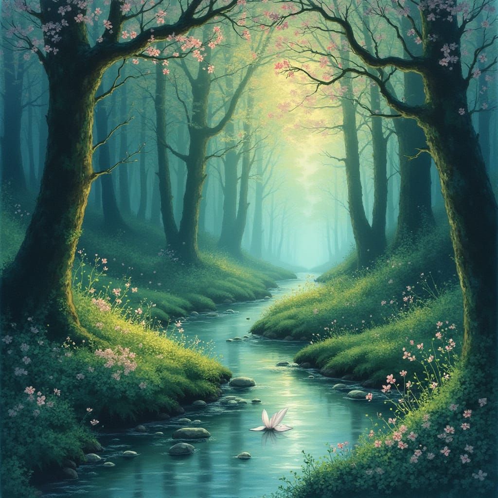 Mysterious Lights in Serene Forest, Japanese Art Style