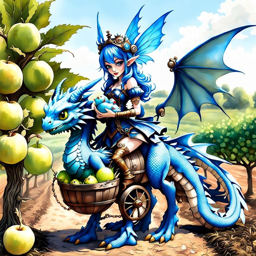Steampunk Blue Fairy with Baby Dragon