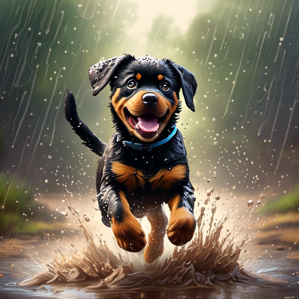 A very cute, very fluffy Rottweiler puppy prancing in a mud ...