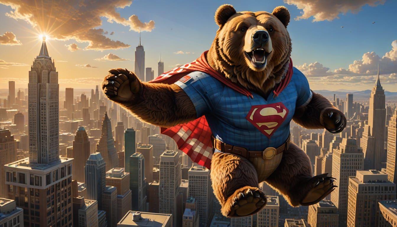 Majestic Grizzly Bear in Gingham Superhero Costume Soars thr...
