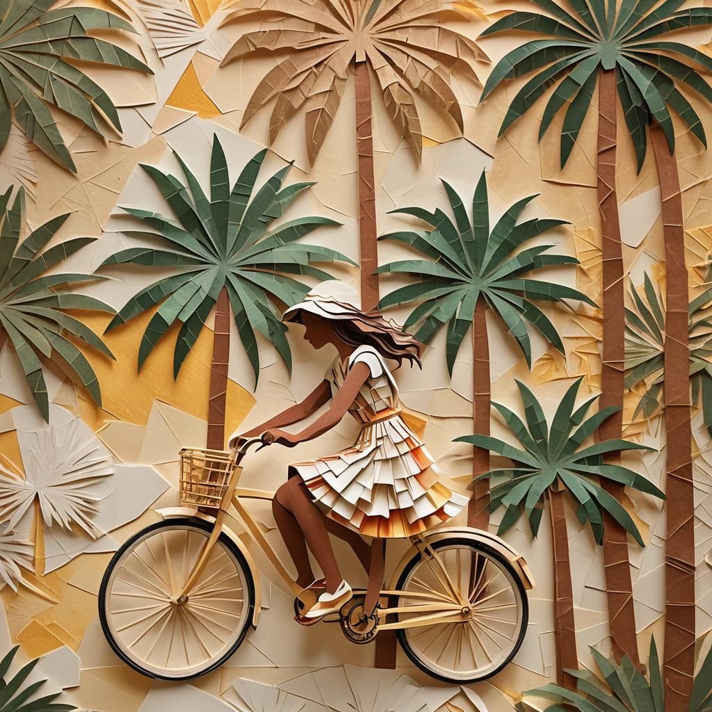 Girl on Bicycle: Paper Collage in Autumn Colors