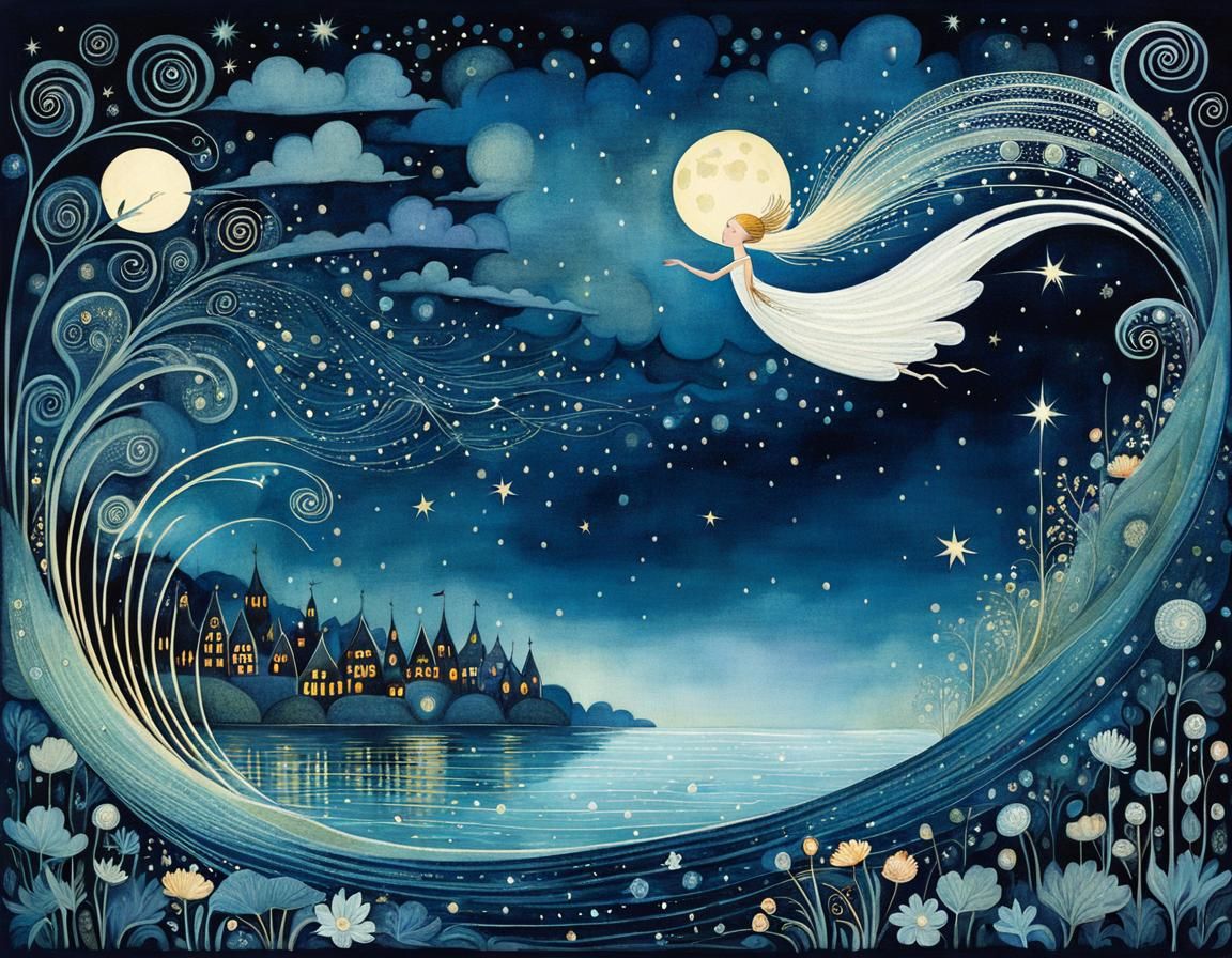 Swimming in the Night Sky: Whimsical Illustration