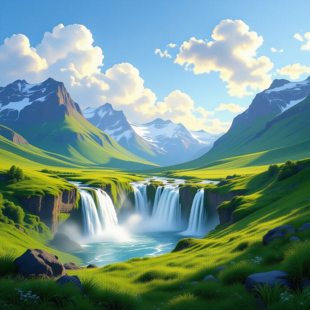 Lush Green Landscape with Majestic Waterfall and Mountains