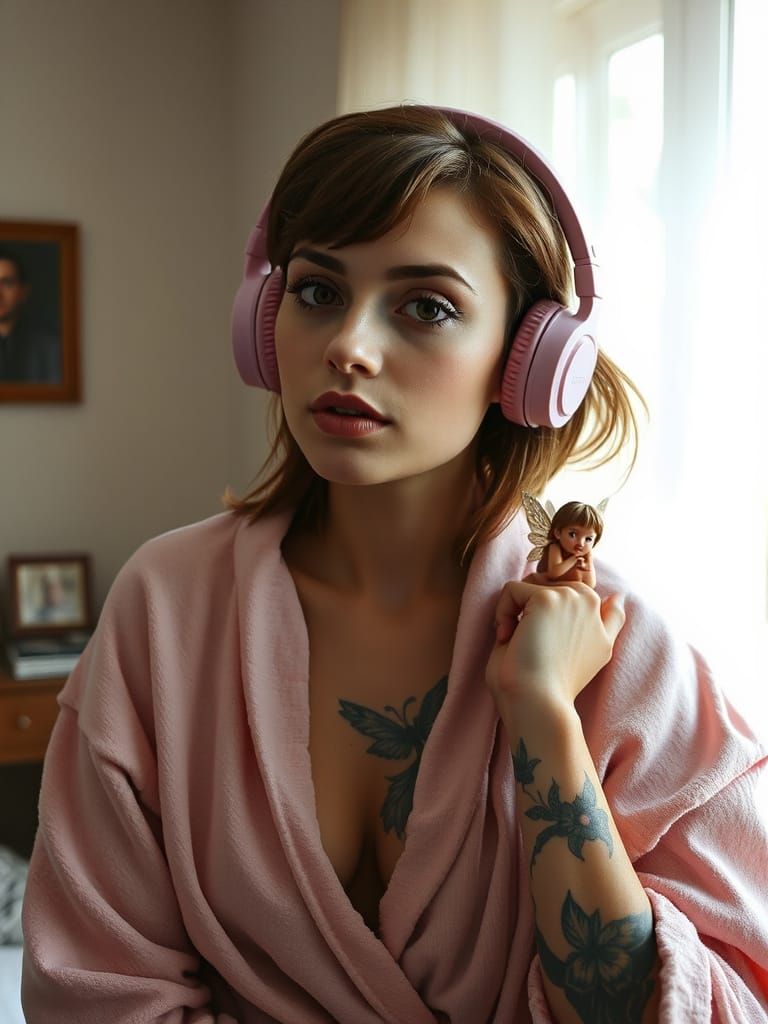 Hyper-Realistic Portrait of a Tattooed Woman in a Pastel Pin...