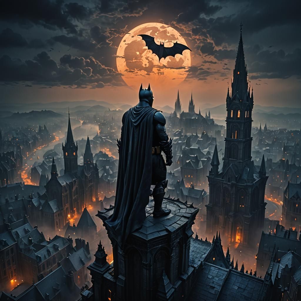 Batman Overlooks Gotham in Dark Fantasy Style