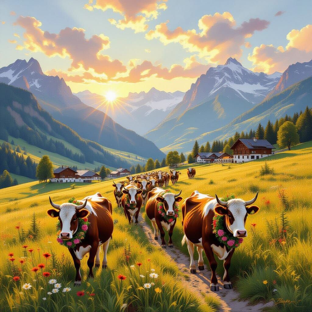 Alpine Cows Descend Mountains at Golden Hour, Oil Painting S...