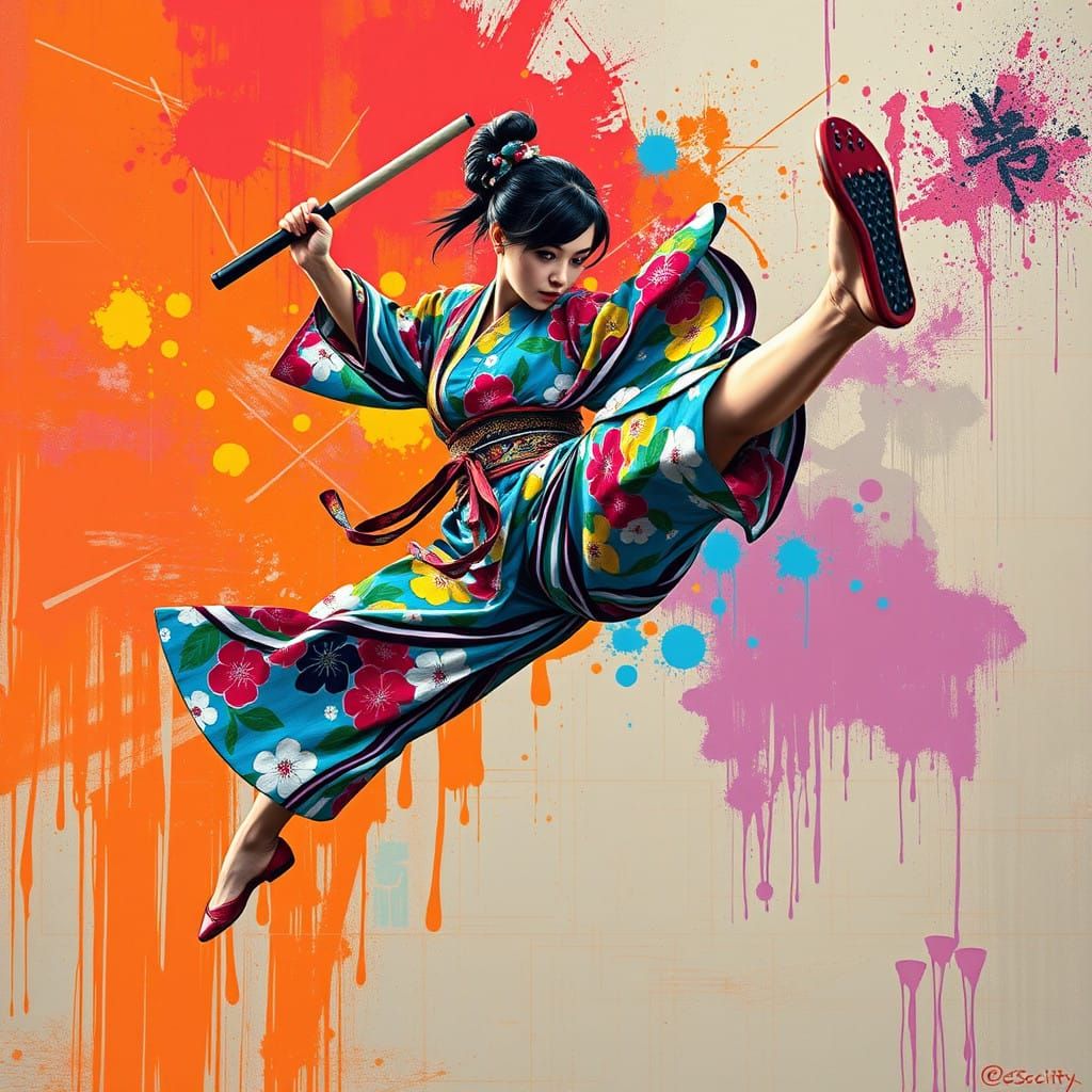 Vibrant Kimono Warrior in Dynamic Graffiti Art Style