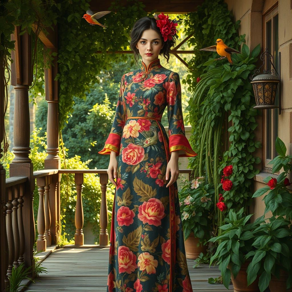 Woman in Chinoiserie Dress on Cottage Porch