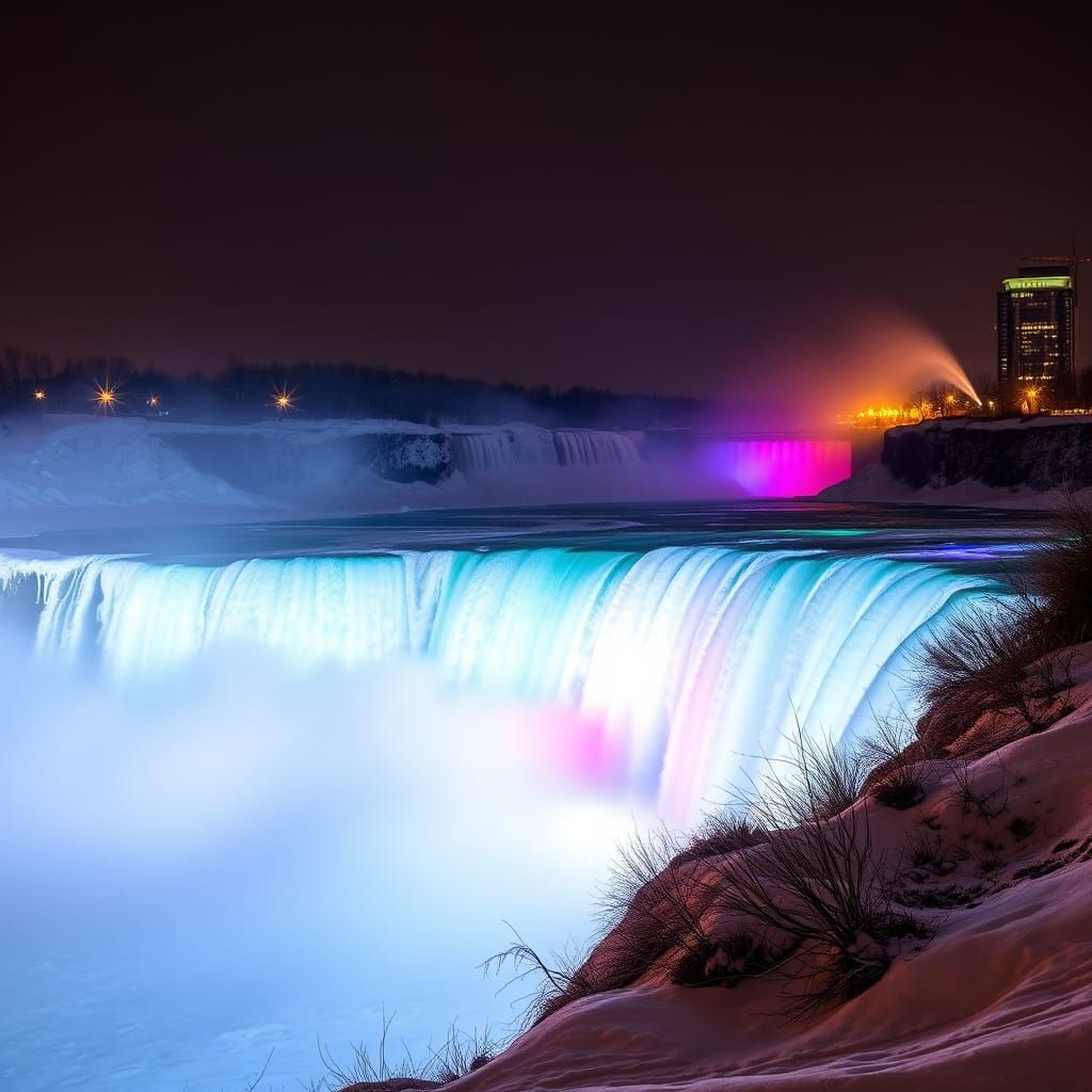 Frozen Niagara Falls at Night with Colorful Lights