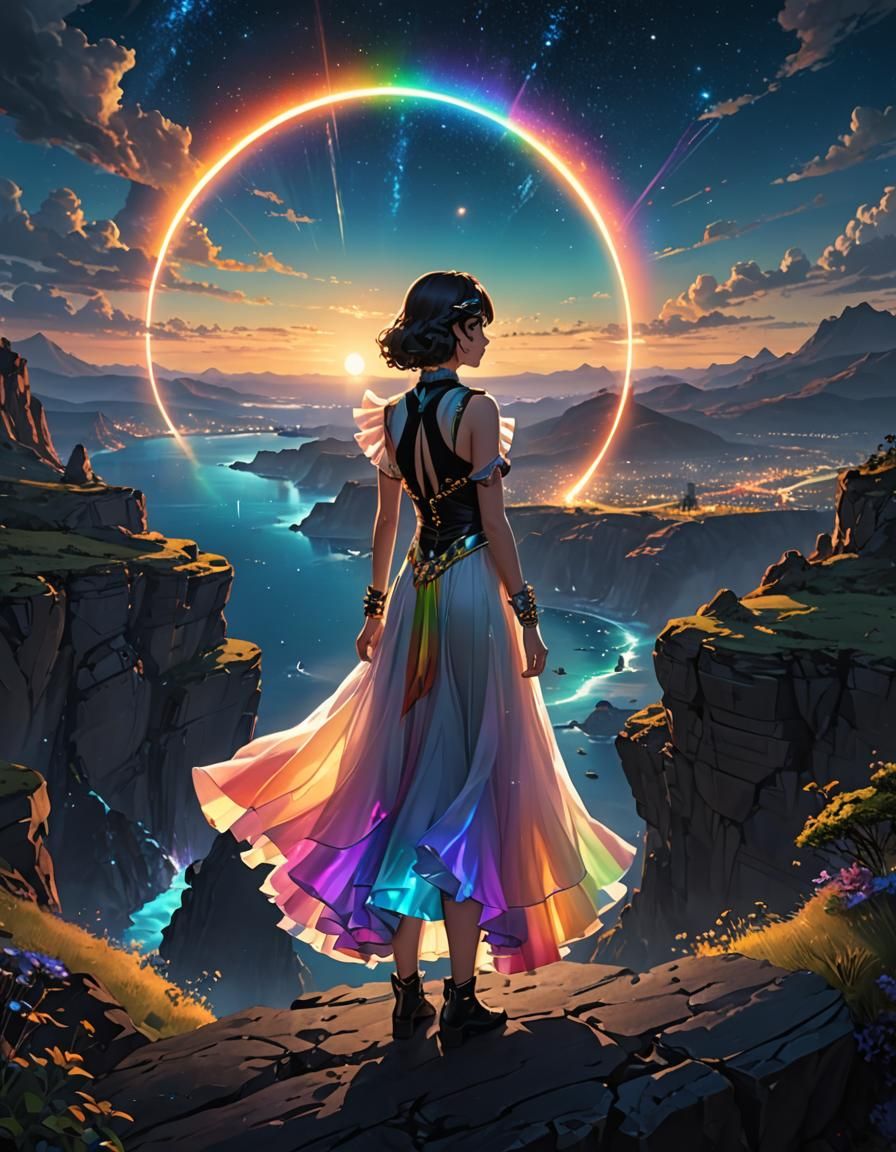 Warriors Gaze at Galaxy Stargate in Anime Style