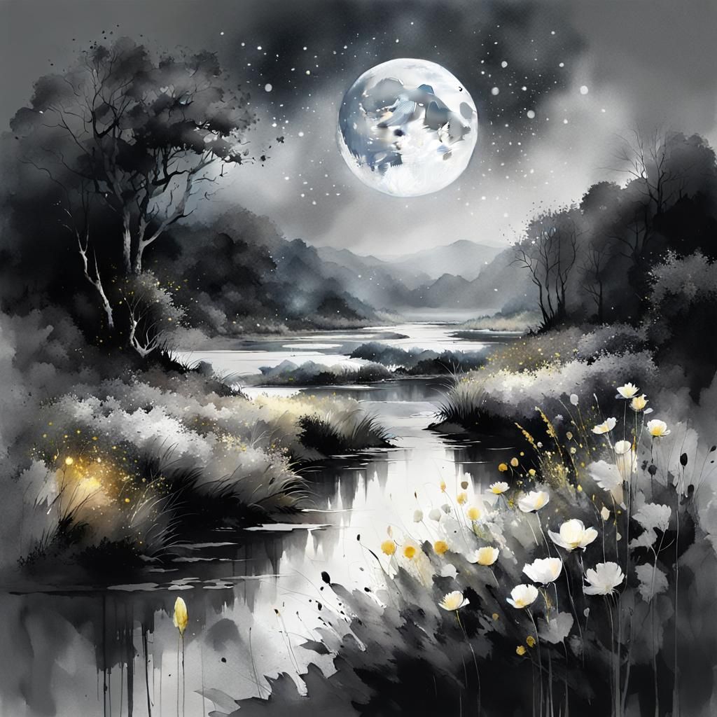 Monochrome Moon Over Lush Summer Landscape