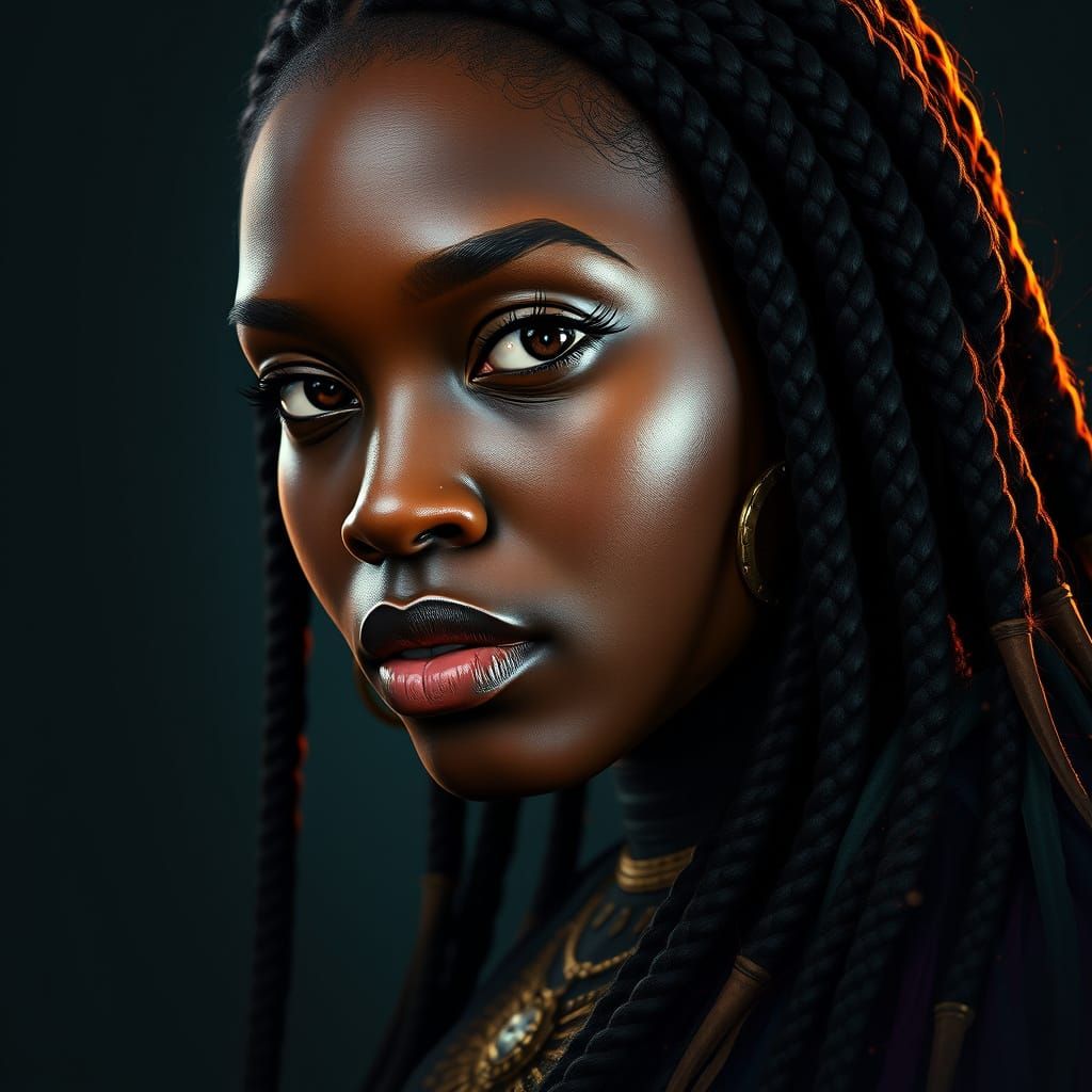 Regal African Goddess with Braided Locks in Vibrant Triadic ...