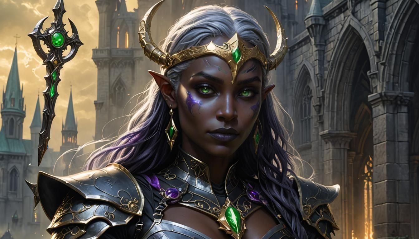 Drow Practicing Healing Magic in Ancient Surroundings