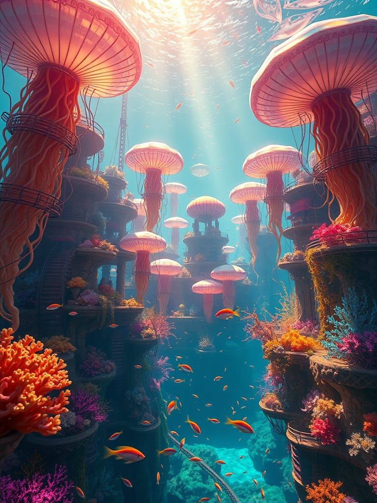 Iridescent Jellyfish Cityscape in Underwater Solarpunk Parad...