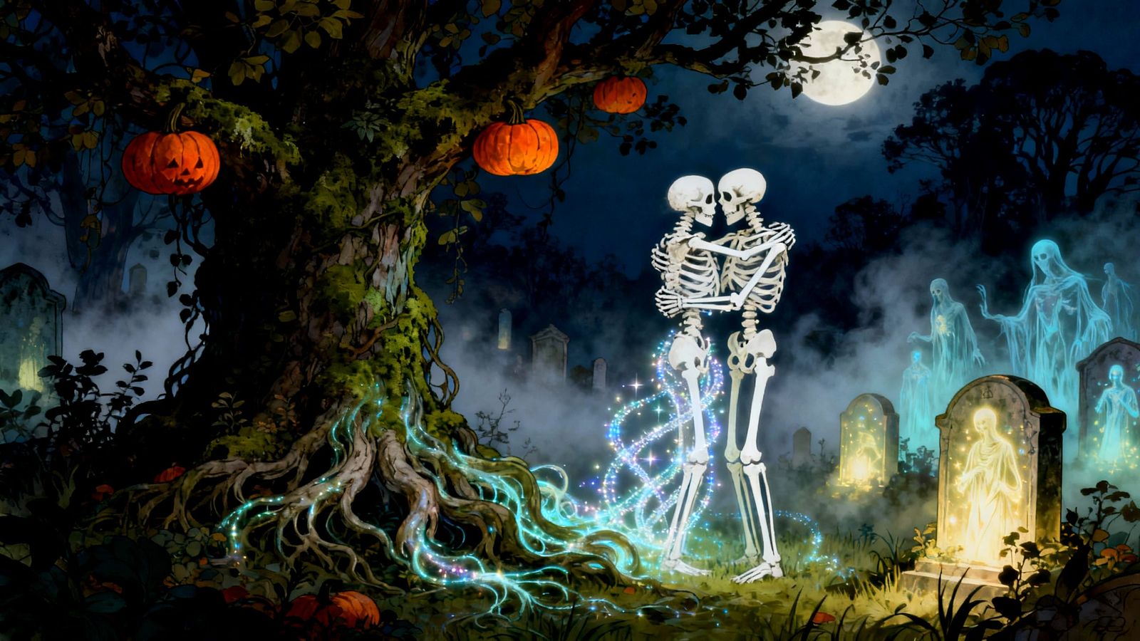 Art Nouveau Tree With Skeletons in Ethereal Cemetery