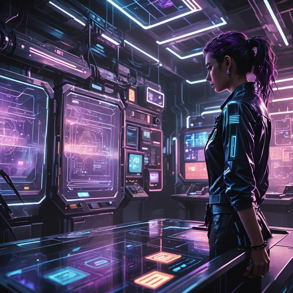 Choice in Neon-Lit Cyberpunk Futuristic Lab