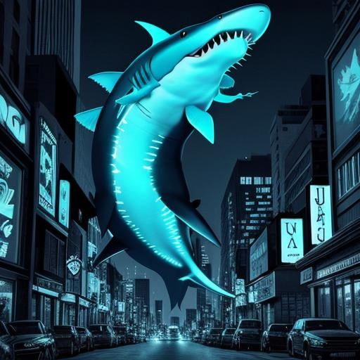 Glowing Shark Cityscape in Simpsons Style