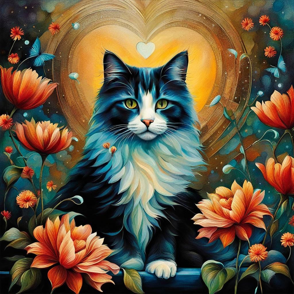 Cat on Pillow Surrounded by Flowers in Surreal Style