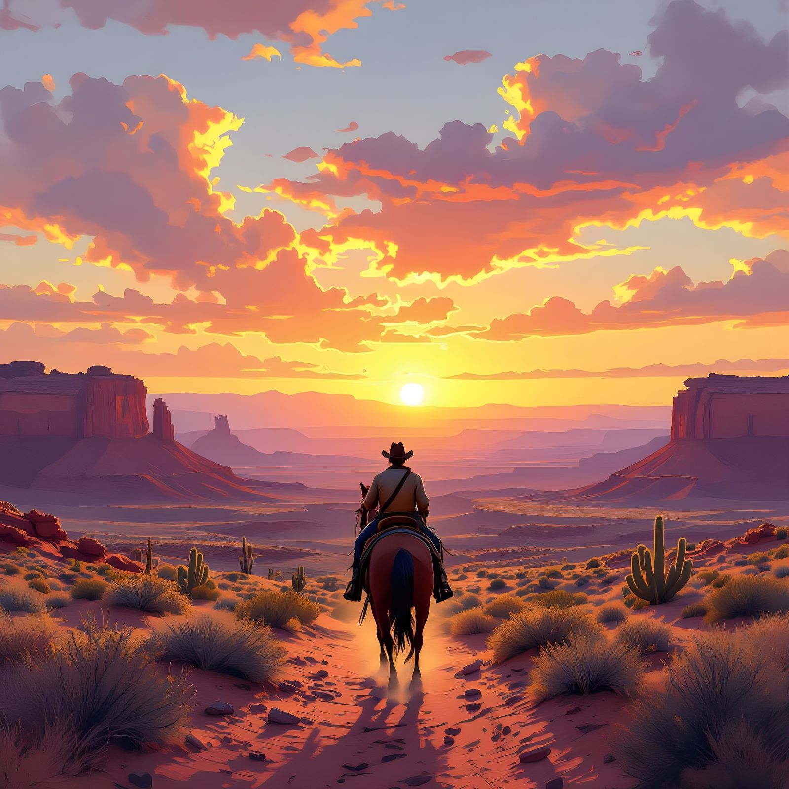 Cowboy Silhouette at Desert Sunset with Mountains