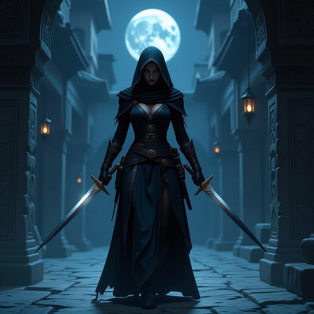 Ancient Assassin with Twin Daggers in Moody Dark Fantasy Sty...