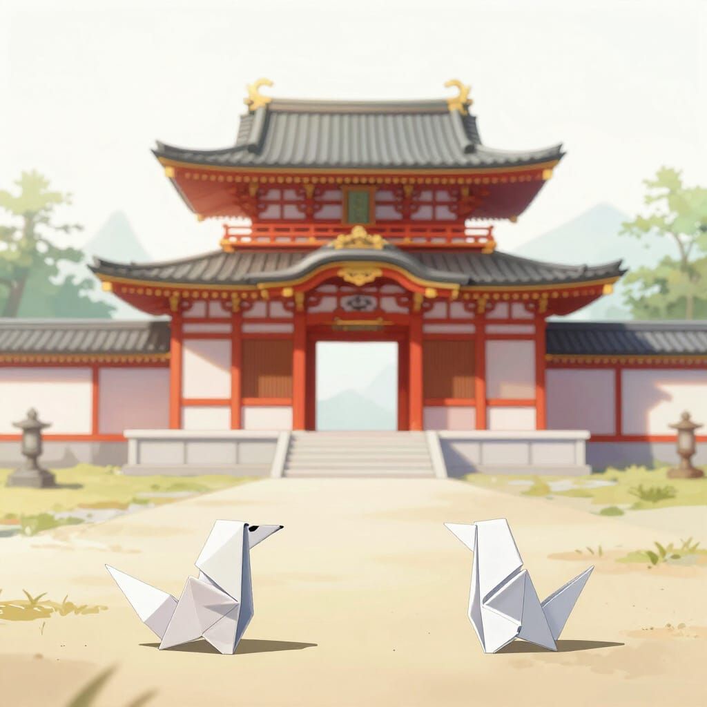 Origami Japanese Temple in Anime Art Style