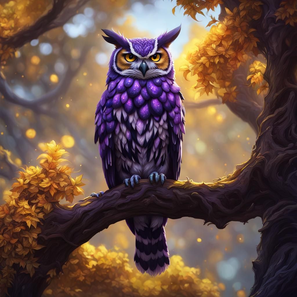 Spotted Owlcat in Tree: Dark Fantasy Art