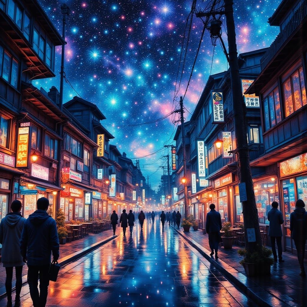 Neon Japanese Street Meets Cosmic Galaxy