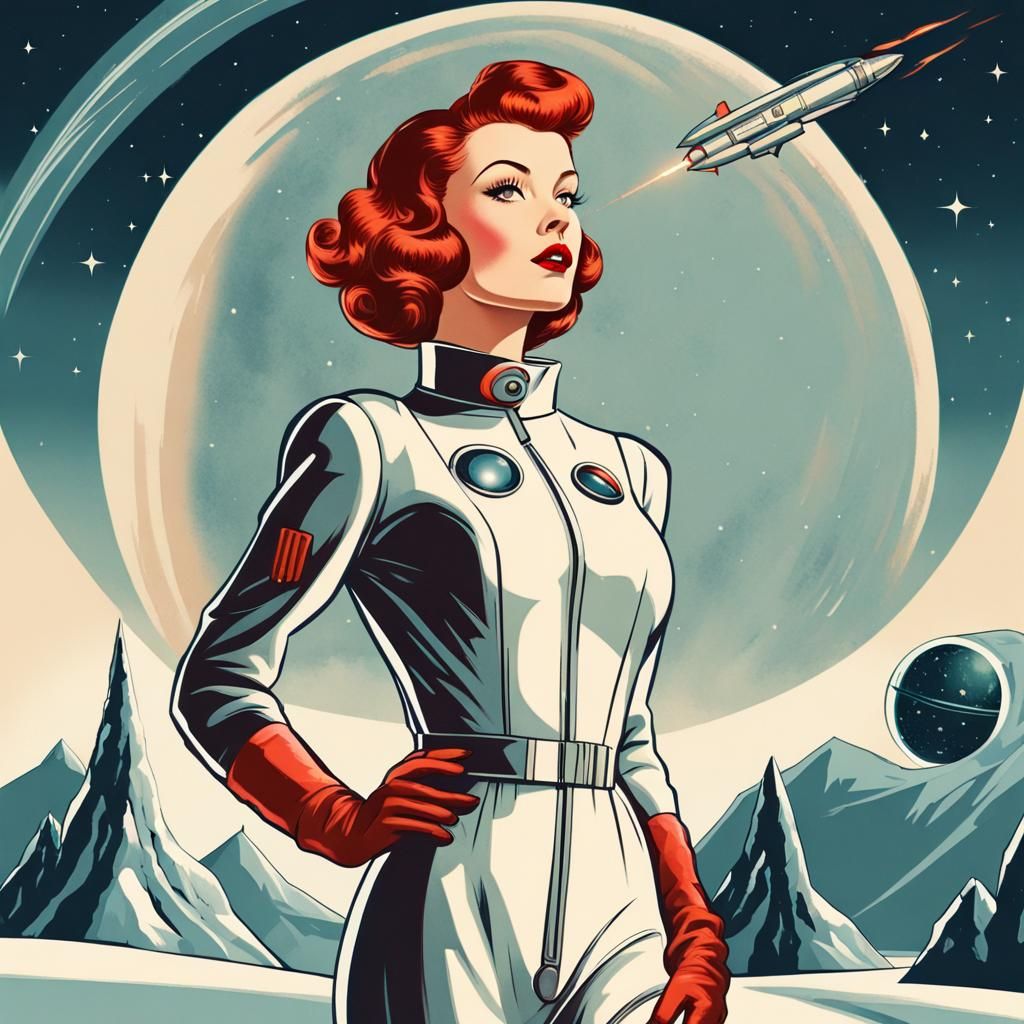 Retro-Futuristic Art Deco Pinup Girl on Frozen Planet