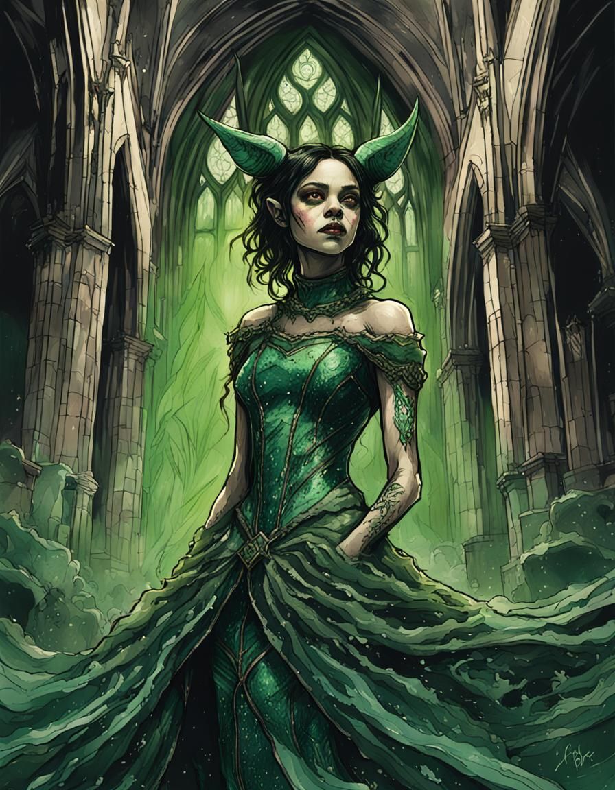 Gremlin Queen in Gothic Cathedral, Ink Drawing