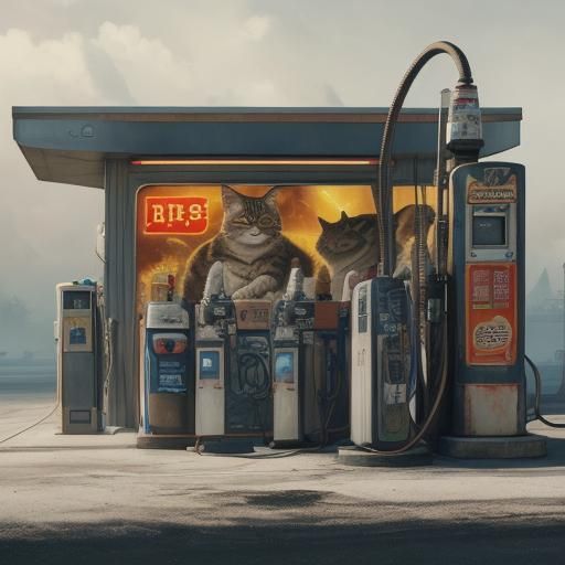 Tabby Space Cat at Alien Gas Station: Surreal Digital Art